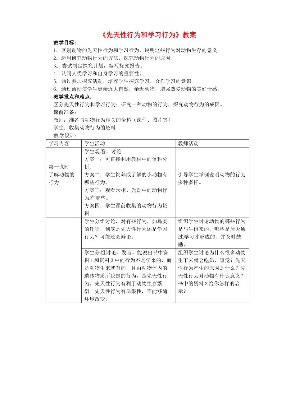 辽宁省开原五中八年级生物《先天性行为和学习行为》教案 _第1页
