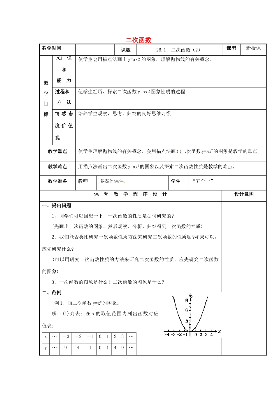 辽宁省庄河市第三初级中学九年级数学下册 26.1 二次函数教案2 新人教版_第1页