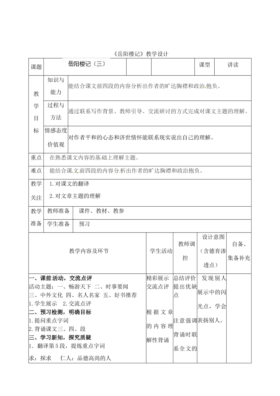 辽宁省大连市第七十六中学八年级语文下册《岳阳楼记》教学设计 新人教版_第1页