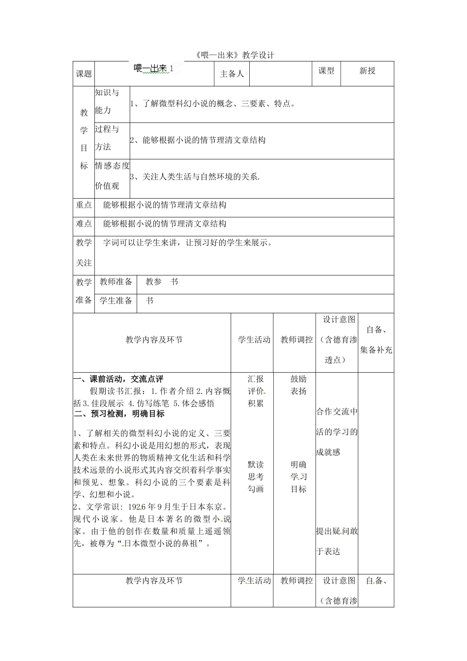 辽宁省大连市第七十六中学八年级语文下册《喂—出来》教学设计（2） 新人教版_第1页