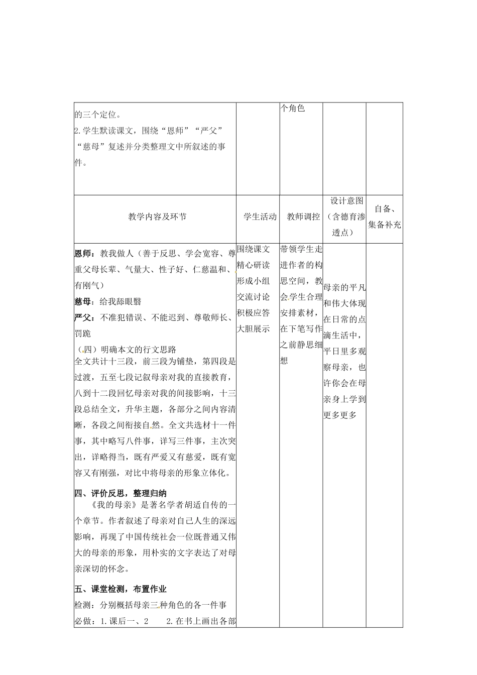 辽宁省大连市第七十六中学八年级语文下册《2 我的母亲》教学设计（1） 新人教版_第2页