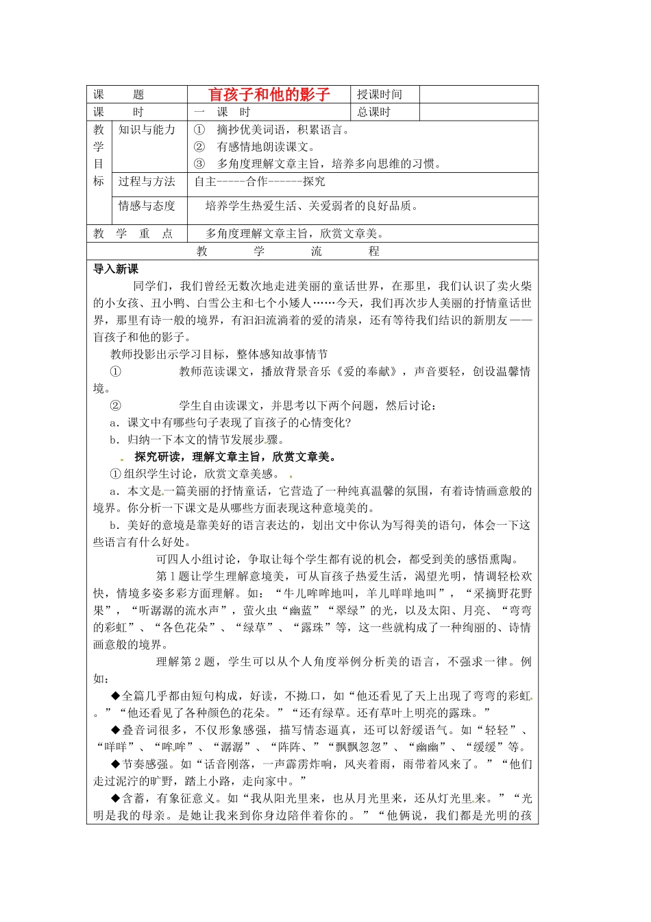 辽宁省大洼县第二初级中学七年级语文《盲孩子和他的影子》教案 新人教版_第1页
