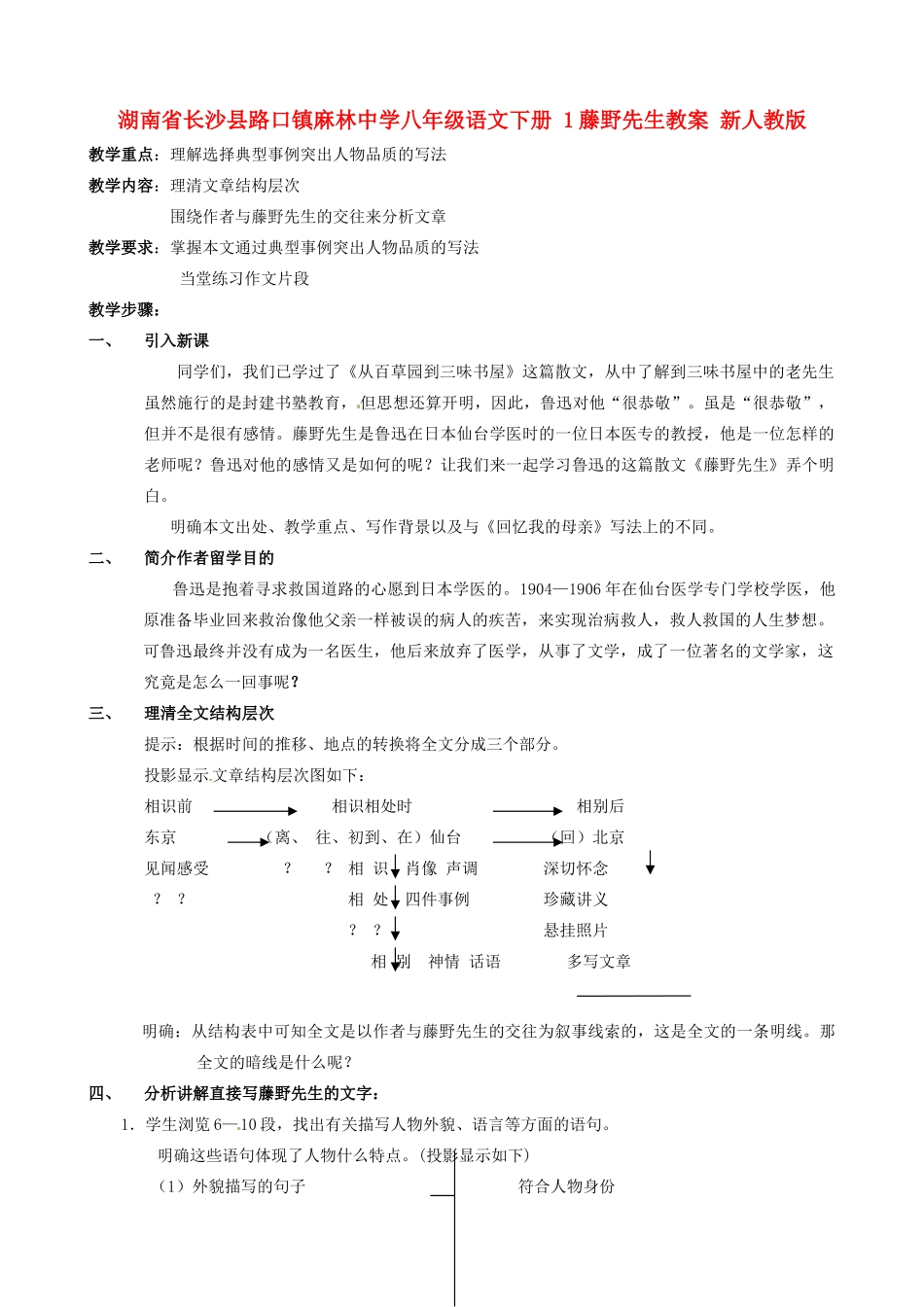 湖南省长沙县路口镇麻林中学八年级语文下册 1藤野先生教案 新人教版_第1页