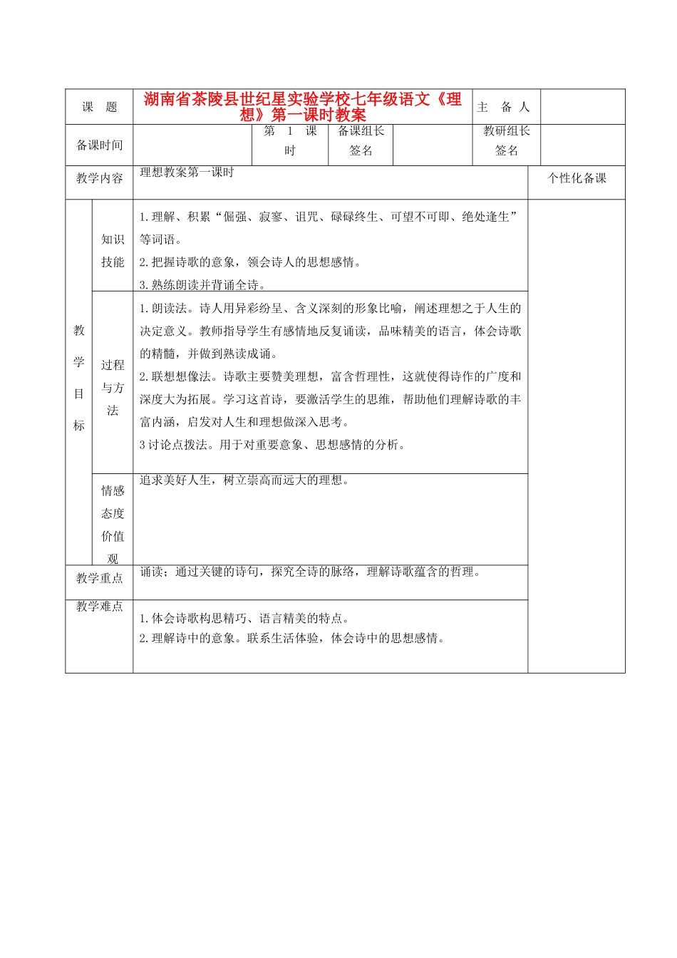 湖南省茶陵县世纪星实验学校七年级语文《理想》第一课时教案_第1页