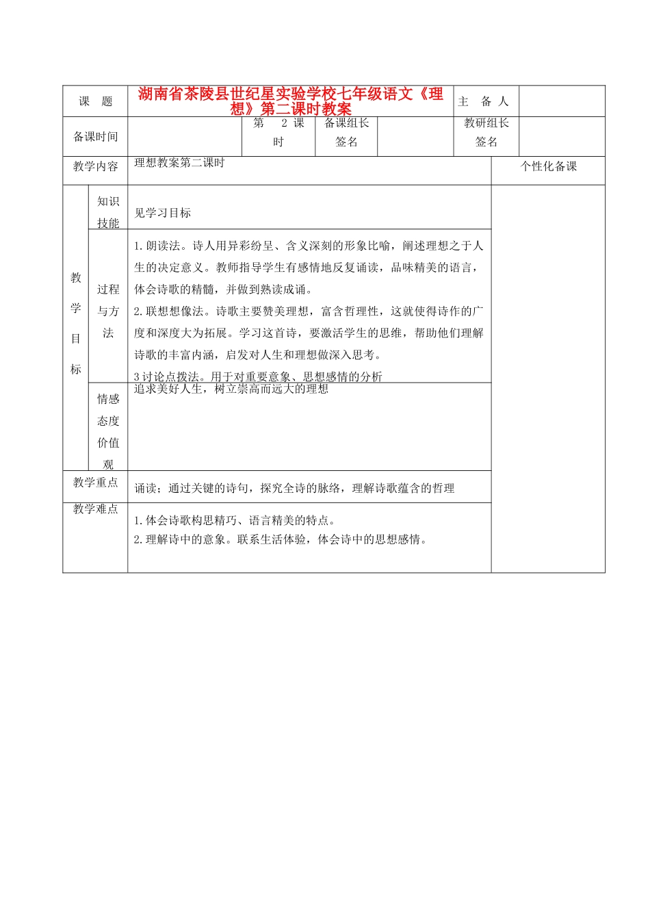 湖南省茶陵县世纪星实验学校七年级语文《理想》第二课时教案_第1页