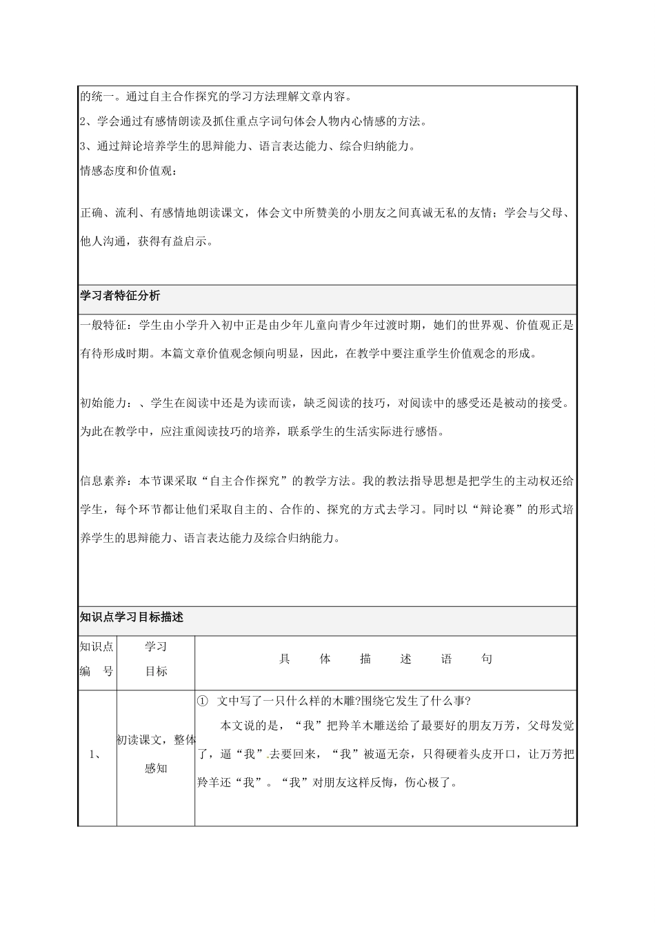 湖南省株洲市天元区马家河中学七年级语文上册《 羚羊木雕》教案 新人教版_第2页
