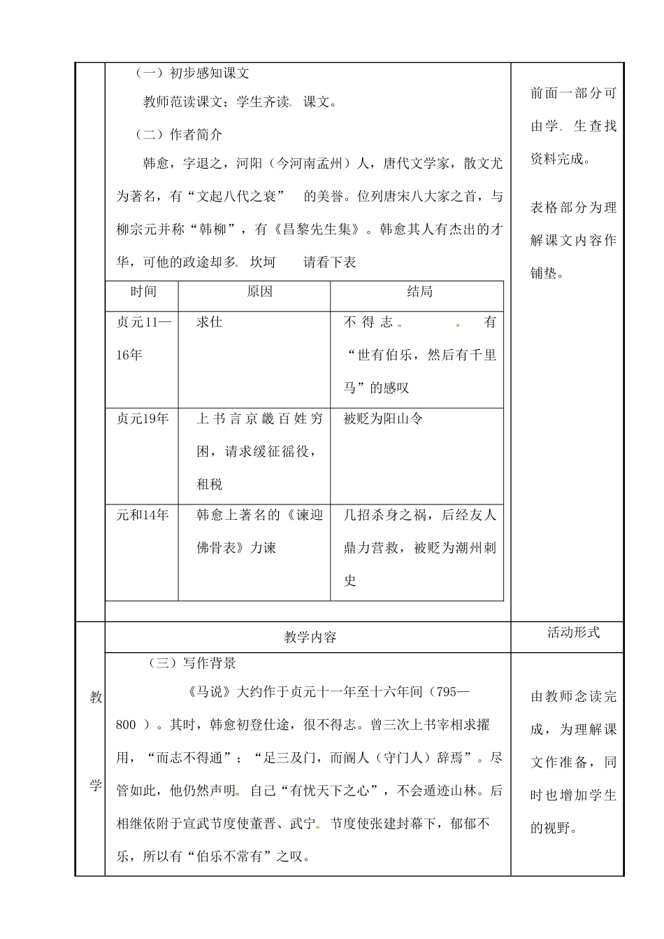 河南省濮阳市南乐县张果屯乡中学八年级语文下册《马说》表格式教案 苏教版_第2页