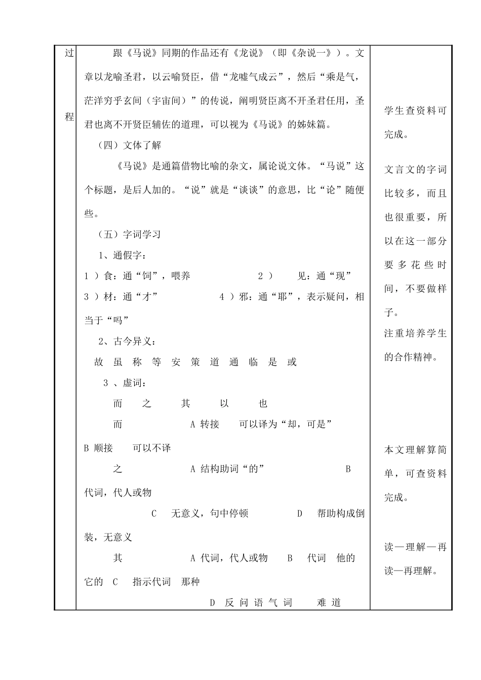 河南省濮阳市南乐县张果屯乡中学八年级语文下册《马说》表格式教案 苏教版_第3页