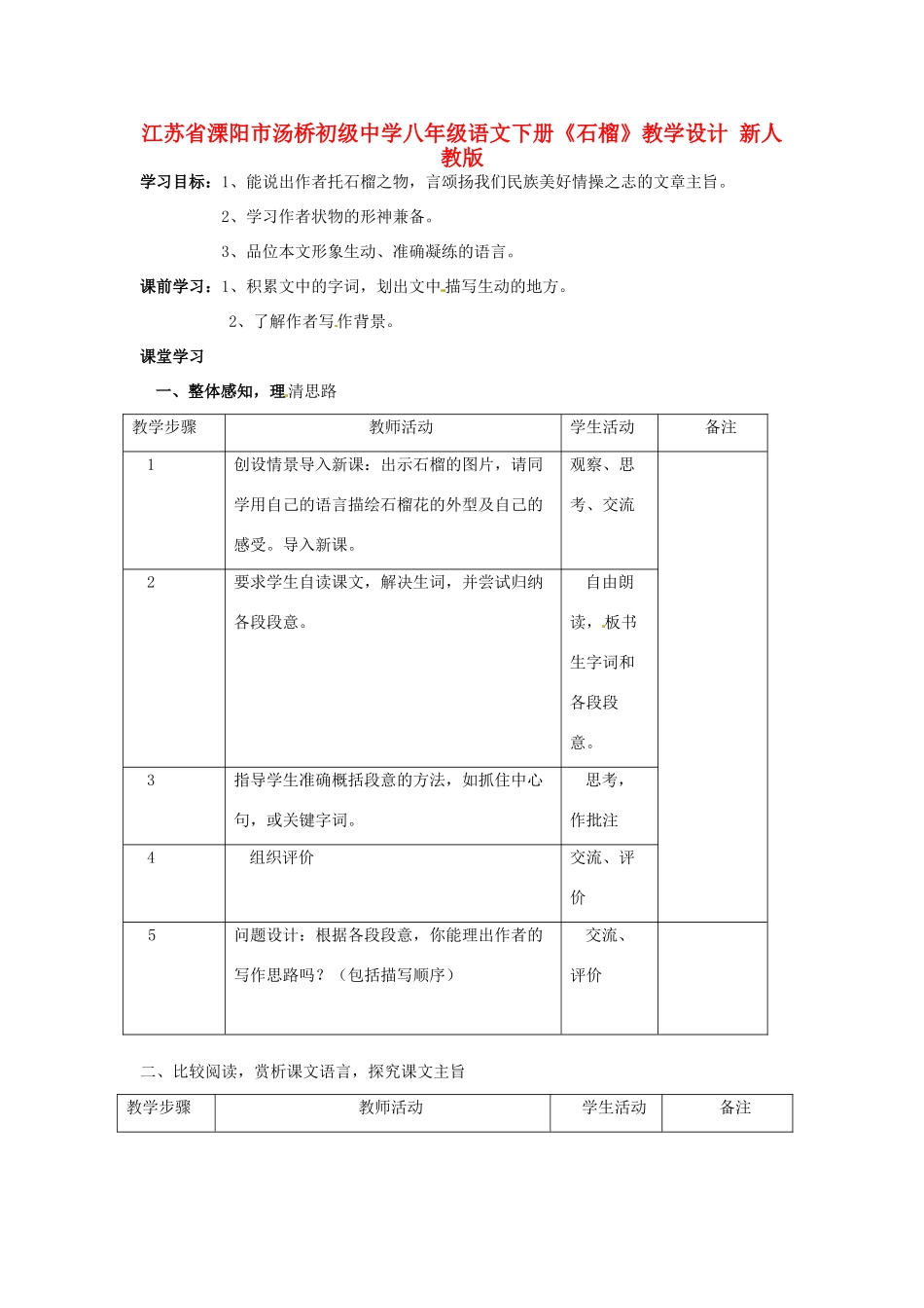 江苏省溧阳市汤桥初级中学八年级语文下册《石榴》教学设计 新人教版_第1页