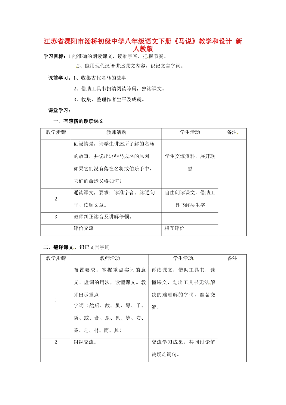 江苏省溧阳市汤桥初级中学八年级语文下册《马说》教学和设计 新人教版_第1页