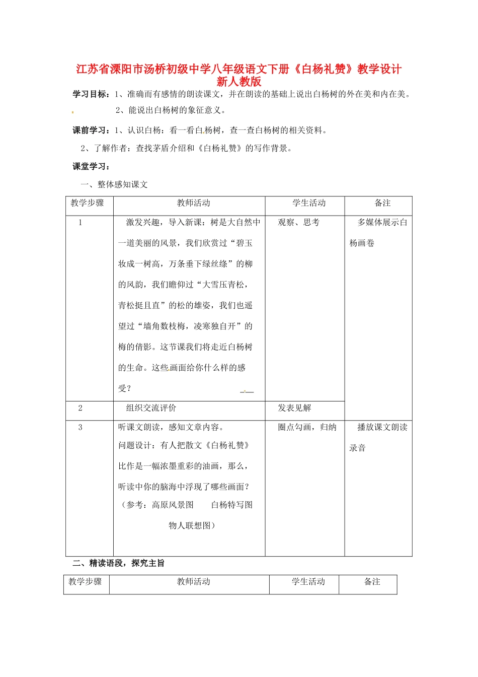 江苏省溧阳市汤桥初级中学八年级语文下册《白杨礼赞》教学设计 新人教版_第1页