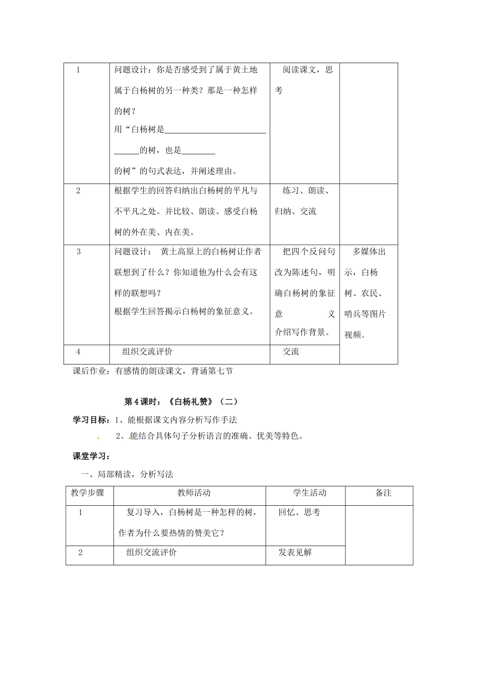江苏省溧阳市汤桥初级中学八年级语文下册《白杨礼赞》教学设计 新人教版_第2页
