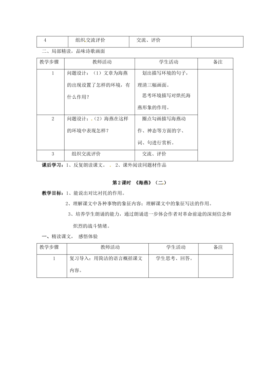 江苏省溧阳市汤桥初级中学八年级语文下册《海燕》教学设计 新人教版_第2页