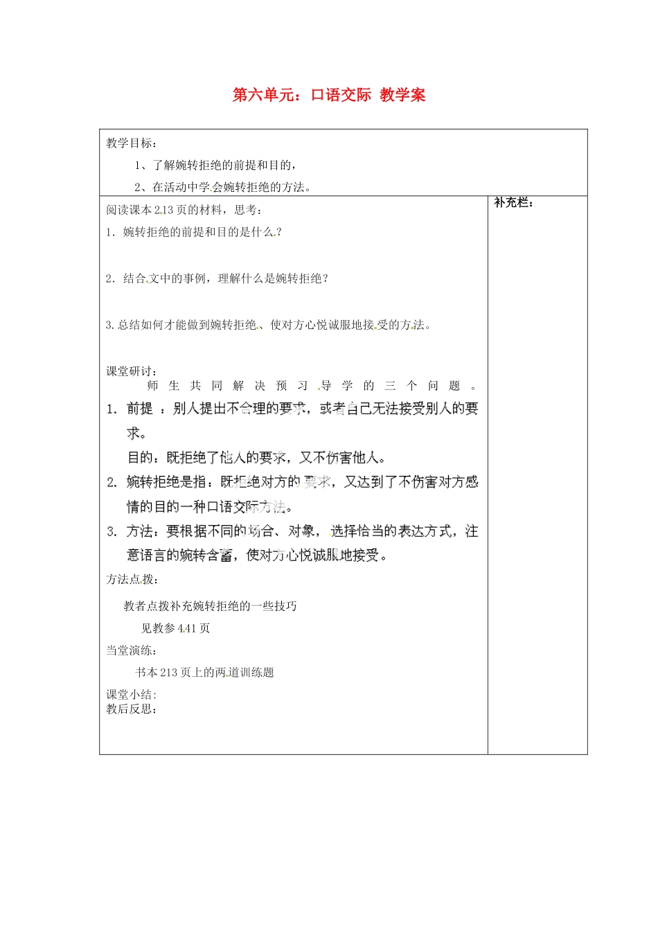江苏省泰州市永安初级中学七年级语文上册 第六单元 口语交际教学案 苏教版_第1页