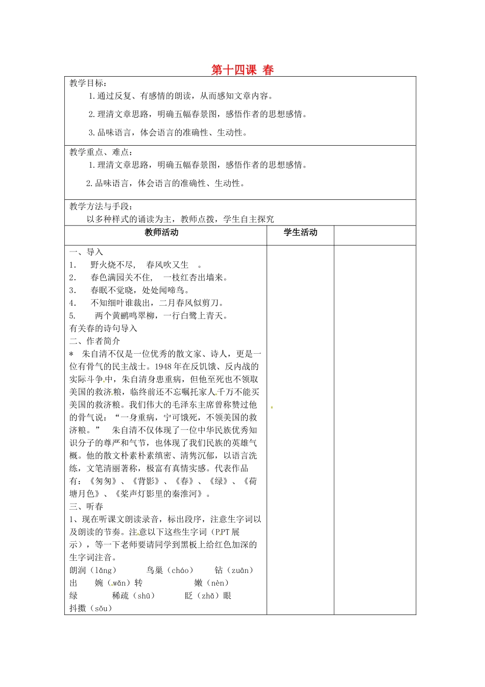 江苏省泗阳县新袁中学七年级语文上册《第四单元 第十四课 春》教案1 苏教版_第1页
