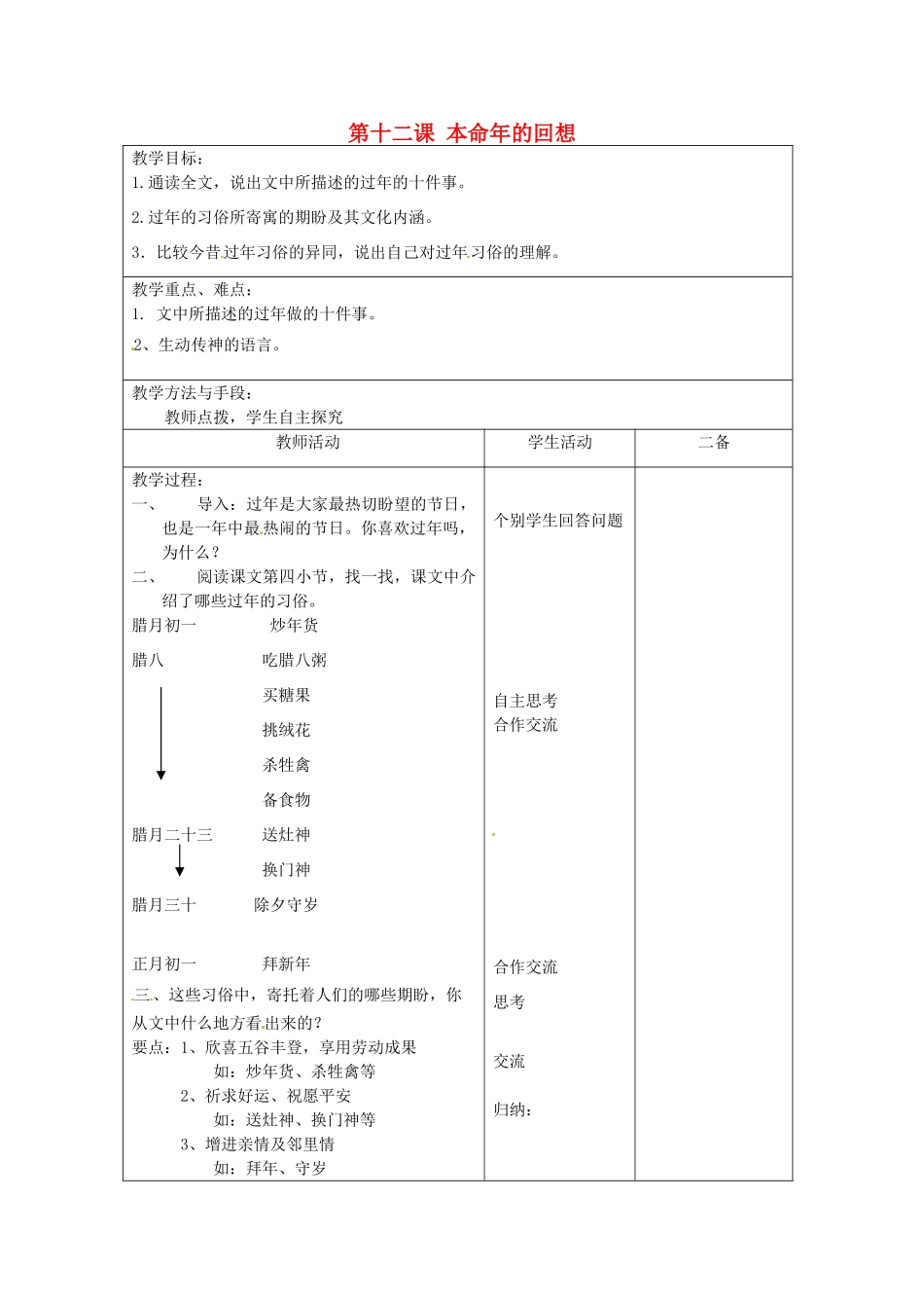 江苏省泗阳县新袁中学七年级语文上册《第三单元 第十二课 本命年的回想》教案2 苏教版_第1页