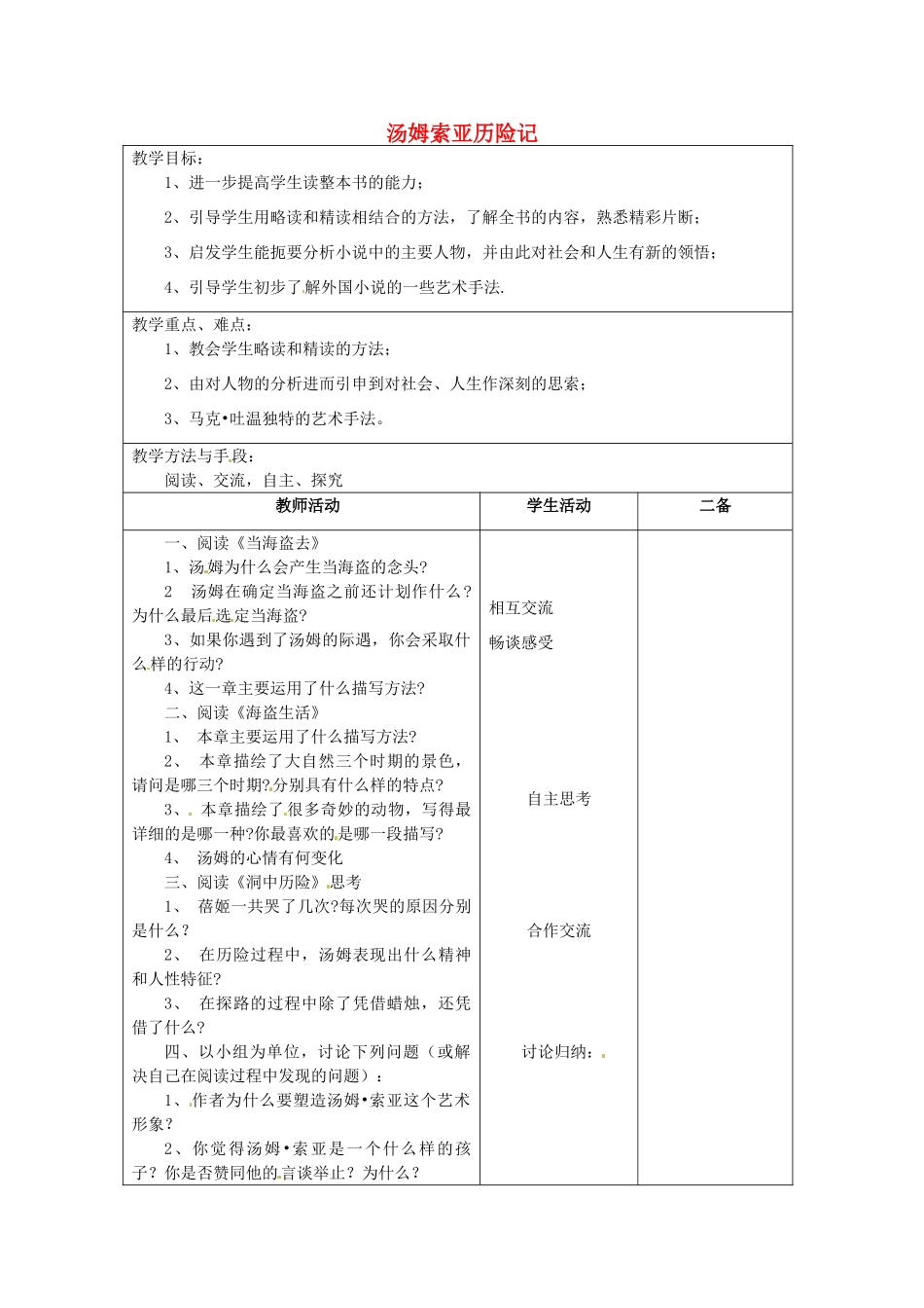 江苏省泗阳县新袁中学七年级语文上册《汤姆索亚历险记》教案2 苏教版_第1页