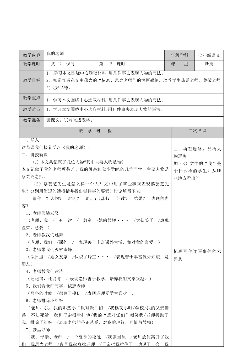 江苏省徐州市黄山外国语学校七年级语文上册 我的老师教案2 苏教版_第2页