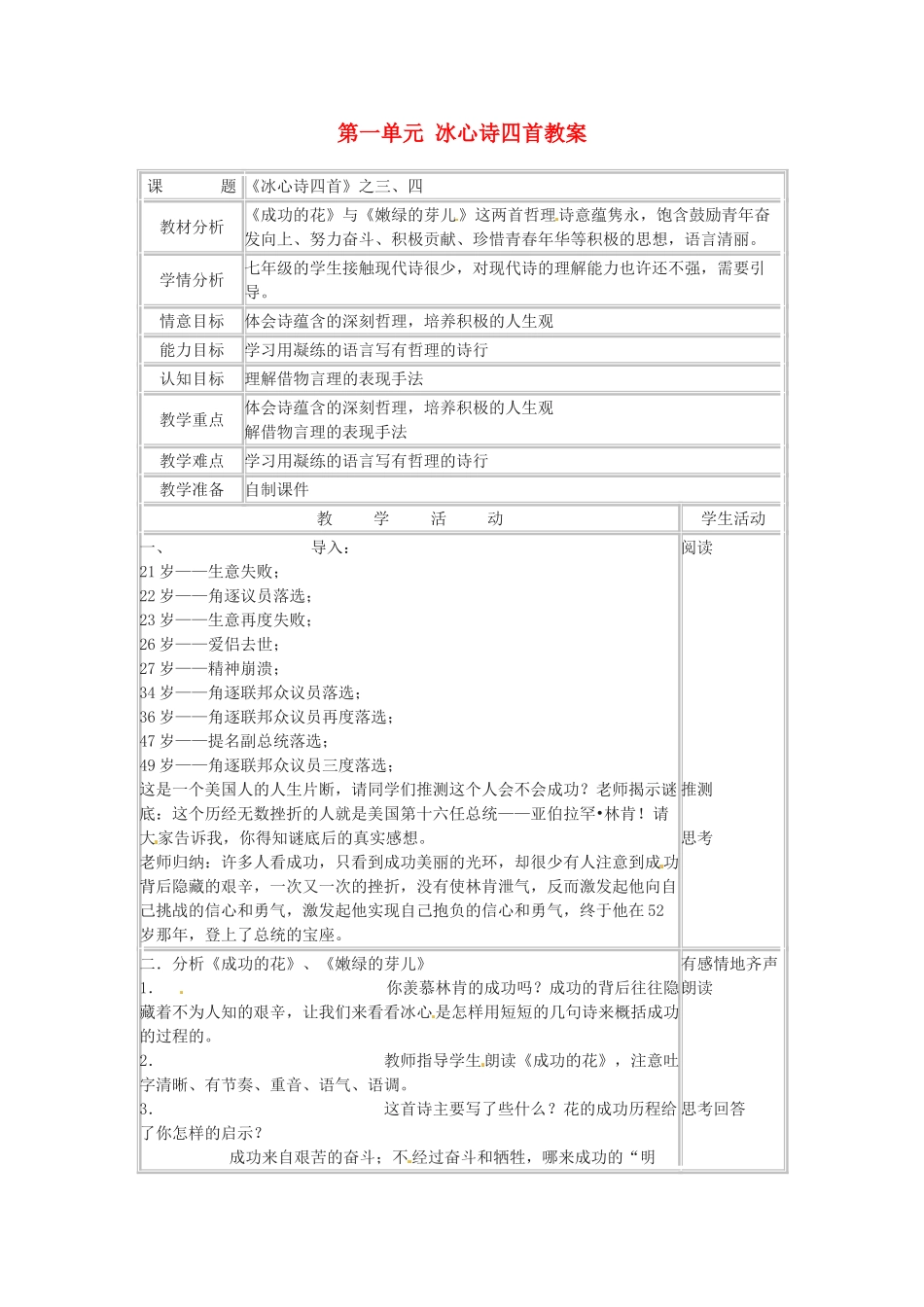 江苏省大丰市万盈二中七年级语文上册 第一单元 冰心诗四首教案 苏教版_第1页