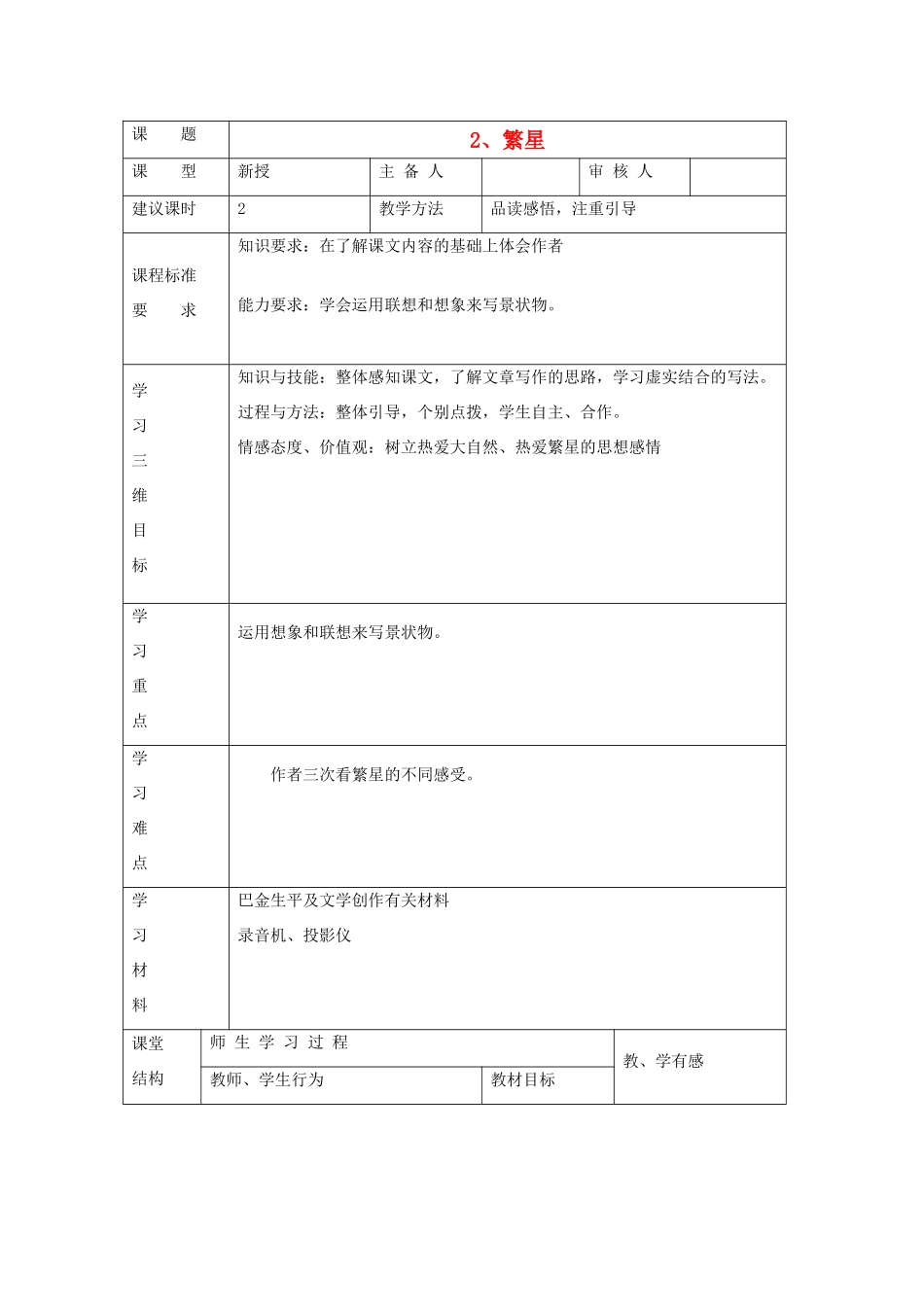 江苏省仪征市月塘中学七年级语文《繁星》教案 苏教版_第1页
