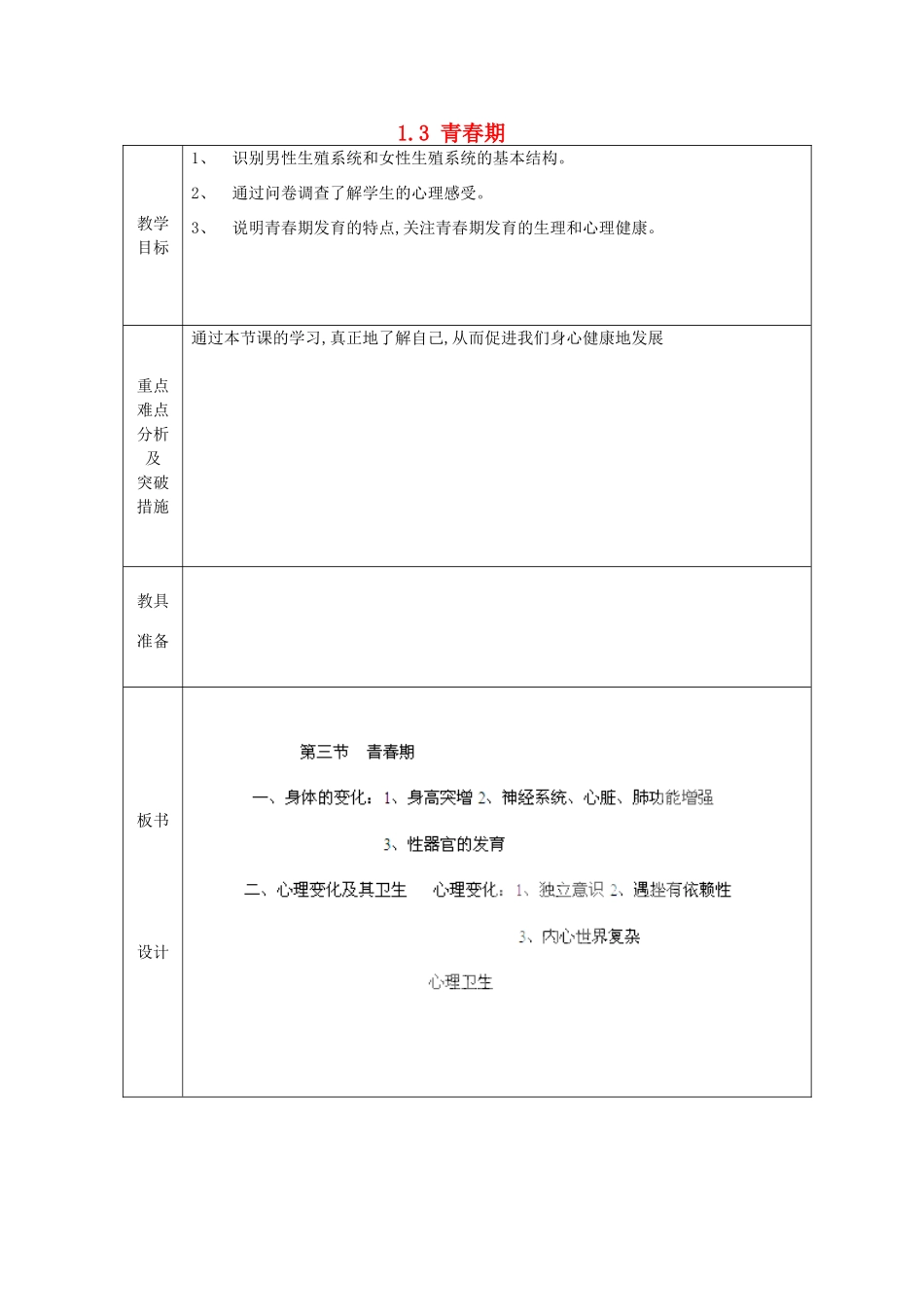 山东省龙口市诸由观镇诸由中学七年级生物下册 1.3 青春期教案1 新人教版_第1页
