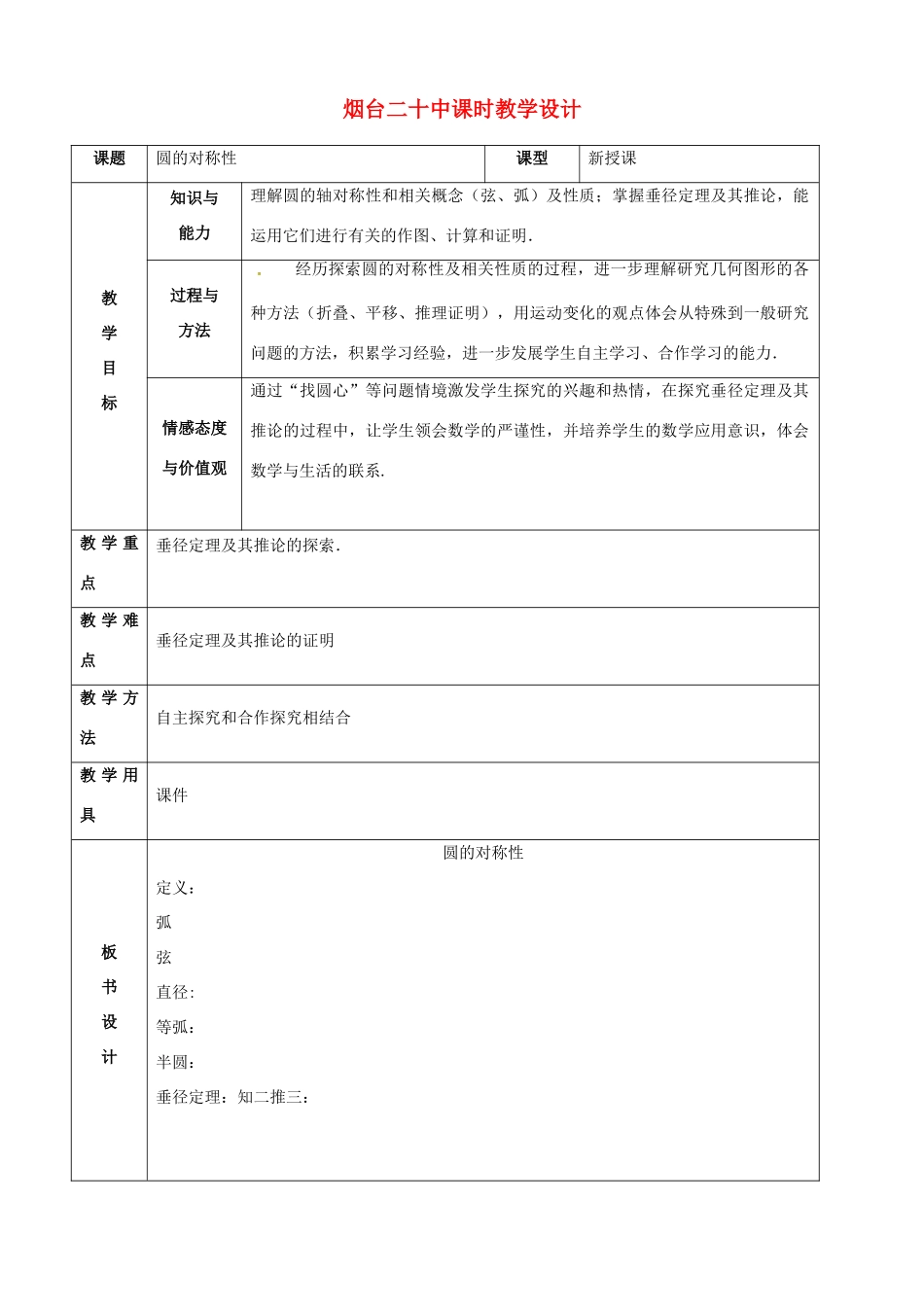 山东省烟台20中九年级数学《圆的对称性》教学设计_第1页