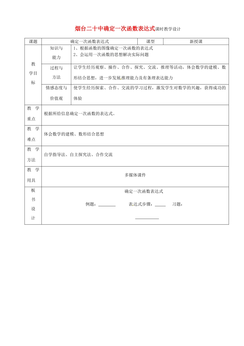 山东省烟台20中七年级数学 《一次函数解析式的确定》教案_第1页