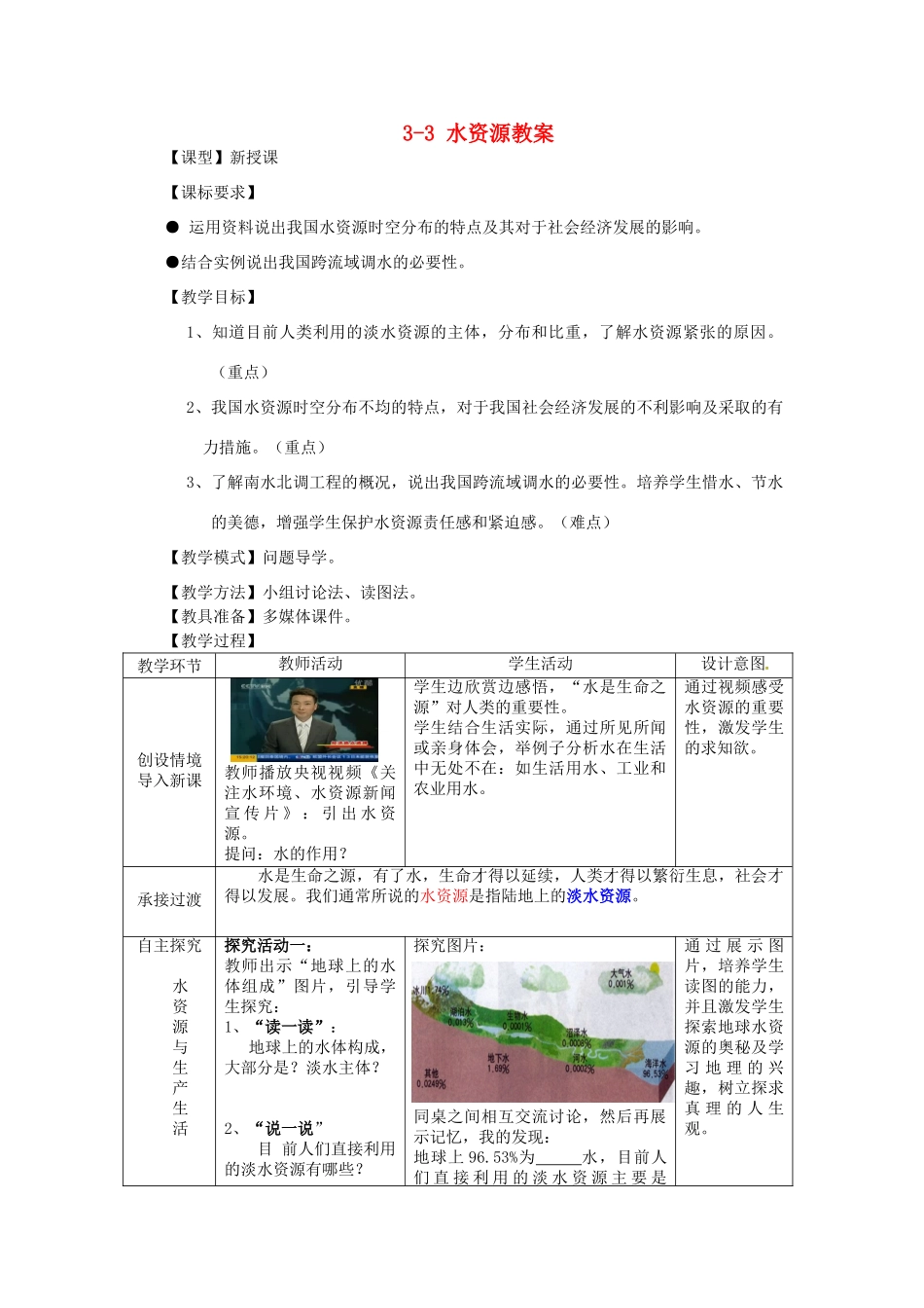 山东省枣庄市峄城区吴林街道中学八年级地理上册 3-3 水资源教案 商务星球版_第1页