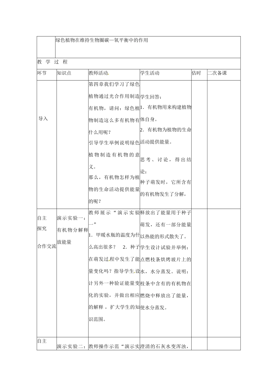山东省临沭县第三初级中学七年级生物上册 绿色植物的呼吸作用教案 新人教版_第2页