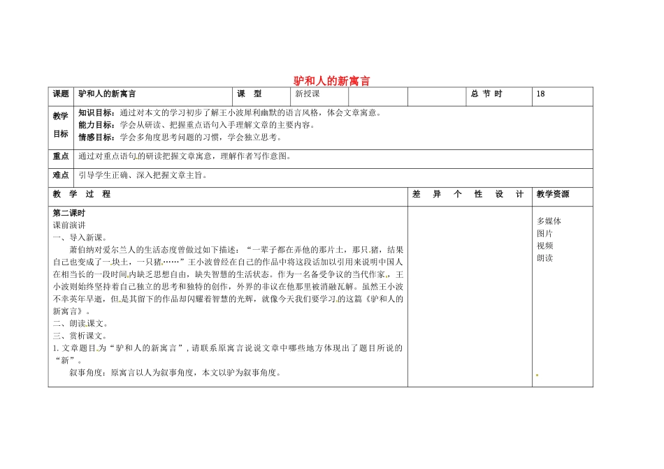 吉林省长春市第一零四中学八年级语文下册 驴和人的新寓言（第二课时）教案 长春版_第1页