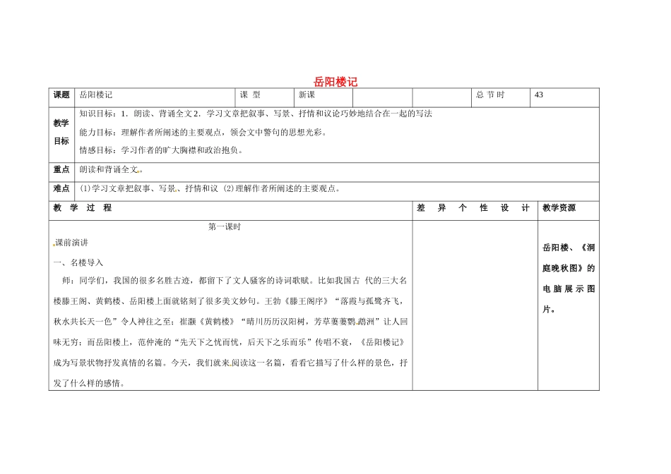 吉林省长春市第一零四中学八年级语文下册 岳阳楼记（第一课时）教案 长春版_第1页