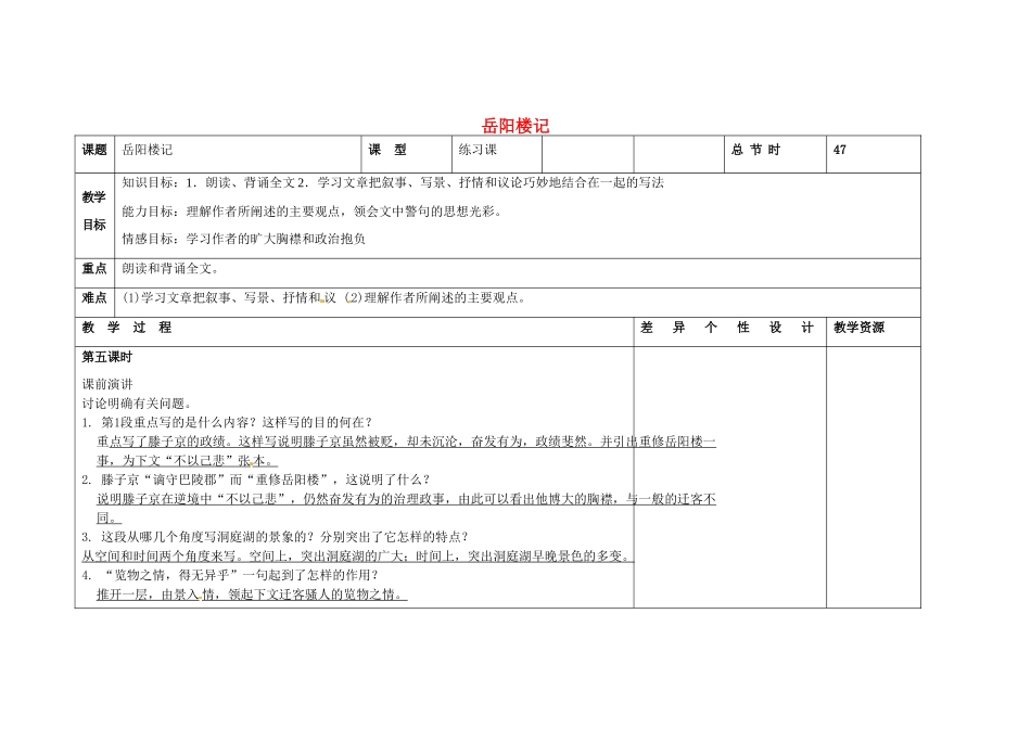 吉林省长春市第一零四中学八年级语文下册 岳阳楼记（第五课时）教案 长春版_第1页