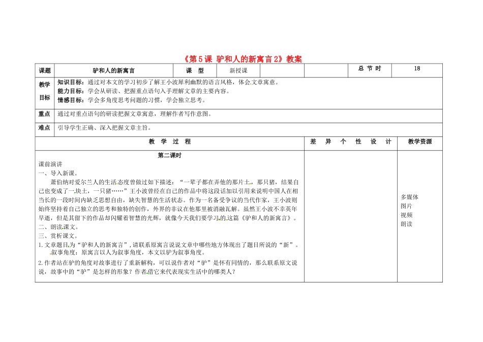 吉林省长春市第104中学八年级语文下册《第5课 驴和人的新寓言》教案2 长春版_第1页