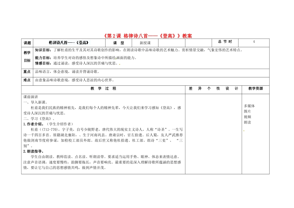 吉林省长春市第104中学八年级语文下册《第2课 格律诗八首-《登高》》教案 长春版_第1页