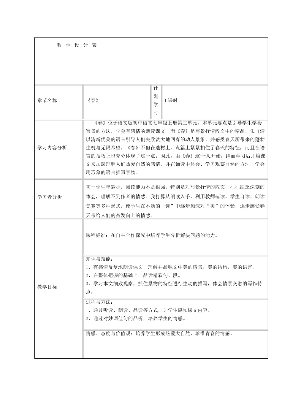 吉林省通榆县七年级语文上册 1《春》教学设计2 新人教版-新人教版初中七年级上册语文教案_第1页
