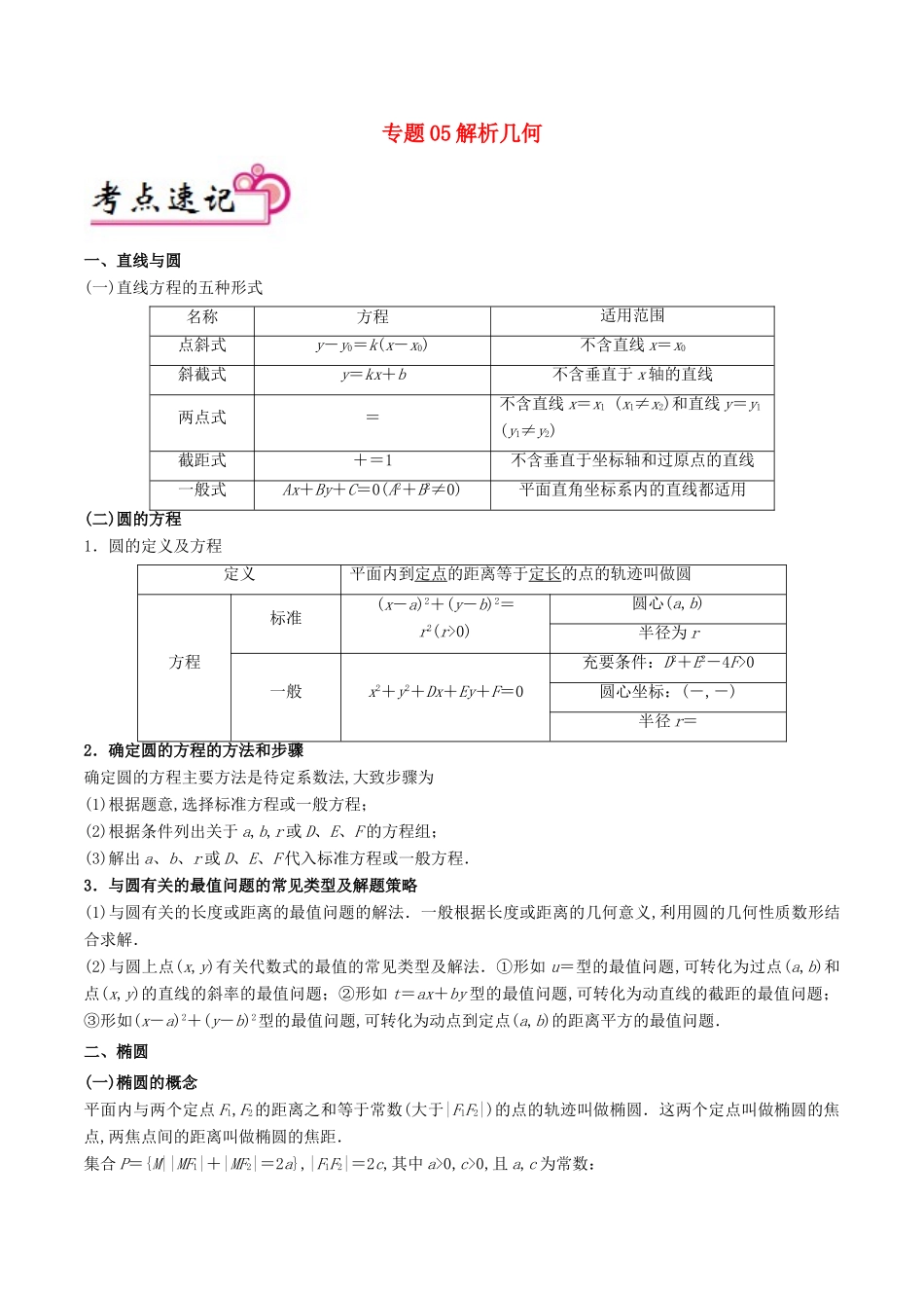 备战高考数学 解答题高分宝典 专题05 解析几何（考点速记）文-人教版高三全册数学试题_第1页