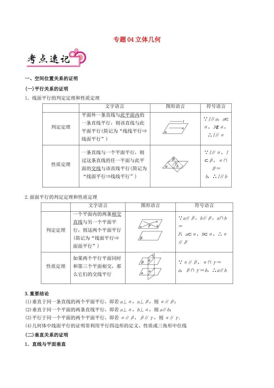 备战高考数学 解答题高分宝典 专题04 立体几何（考点速记）理-人教版高三全册数学试题_第1页