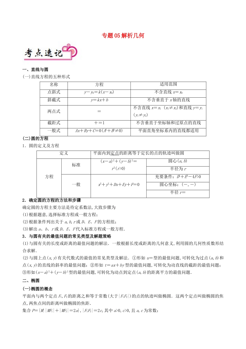 备战高考数学 解答题高分宝典 专题05 解析几何（考点速记）理-人教版高三全册数学试题_第1页