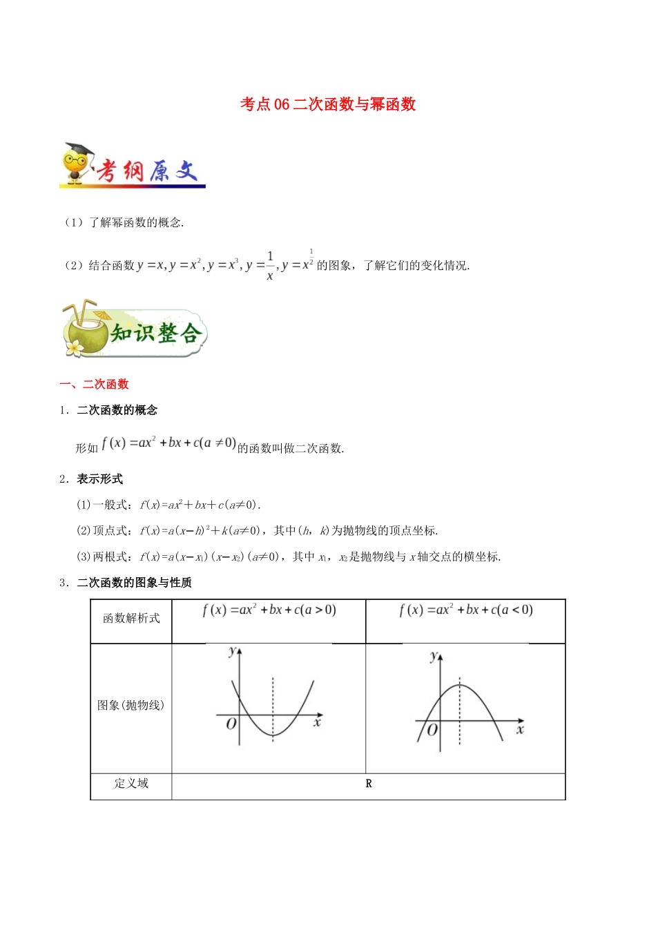 备战高考数学 考点一遍过 考点06 二次函数与幂函数 文（含解析）-人教版高三全册数学试题_第1页