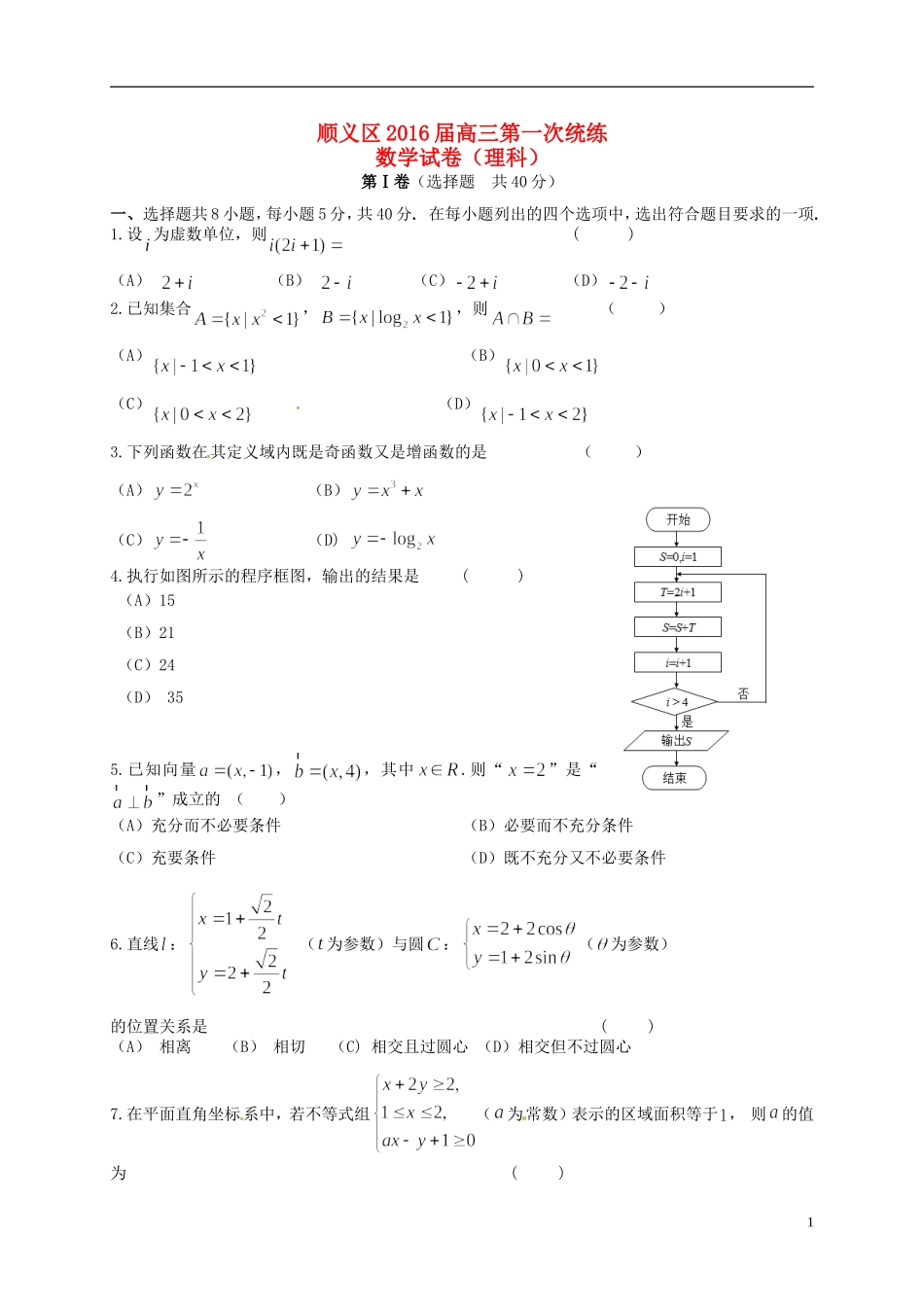 北京市顺义区高三数学下学期第一次统练试题 理-人教版高三全册数学试题_第1页