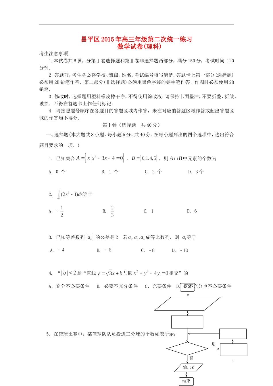 北京市昌平区高三数学二模试题 理 新人教A版-新人教A版高三全册数学试题_第1页