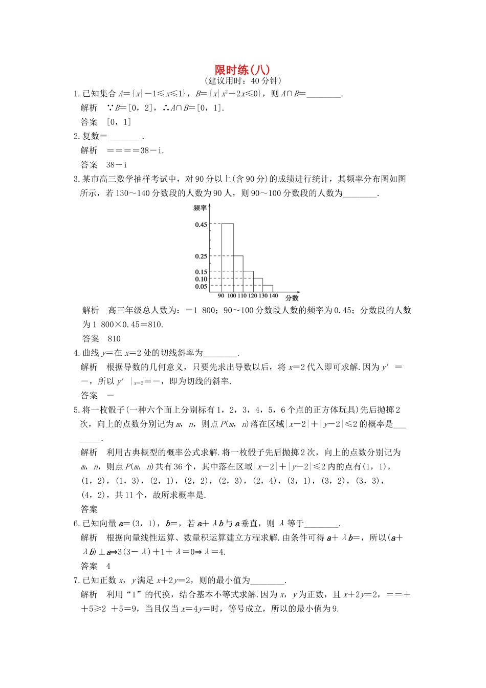 创新设计（江苏专用）高考数学二轮复习 小题限时练（八）理-人教版高三全册数学试题_第1页