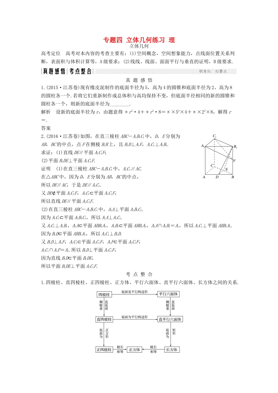 创新设计（江苏专用）高考数学二轮复习 上篇 专题整合突破 专题四 立体几何练习 理-人教版高三全册数学试题_第1页