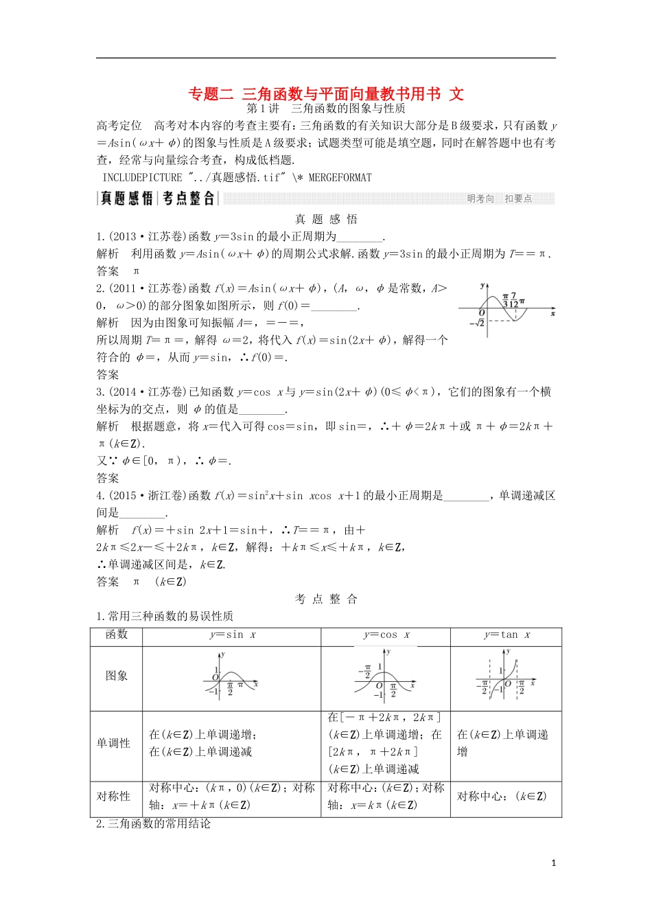 创新设计（江苏专用）高考数学二轮复习 上篇 专题整合突破 专题二 三角函数与平面向量教书用书 文-人教版高三全册数学试题_第1页