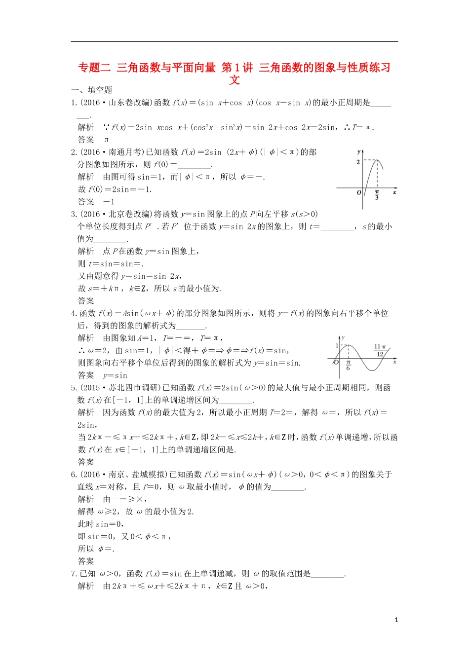 创新设计（江苏专用）高考数学二轮复习 上篇 专题整合突破 专题二 三角函数与平面向量 第1讲 三角函数的图象与性质练习 文-人教版高三全册数学试题_第1页
