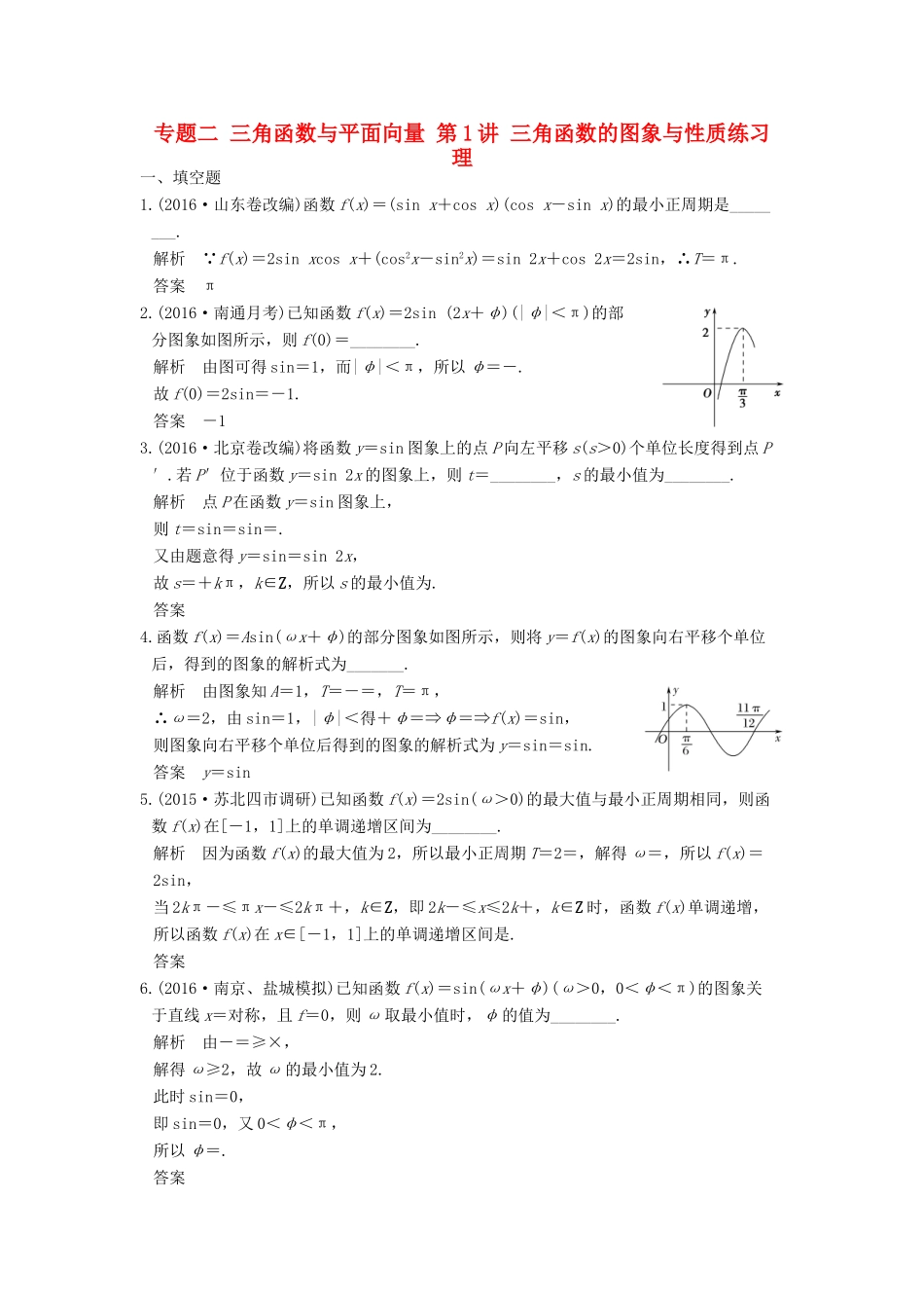 创新设计（江苏专用）高考数学二轮复习 上篇 专题整合突破 专题二 三角函数与平面向量 第1讲 三角函数的图象与性质练习 理-人教版高三全册数学试题_第1页