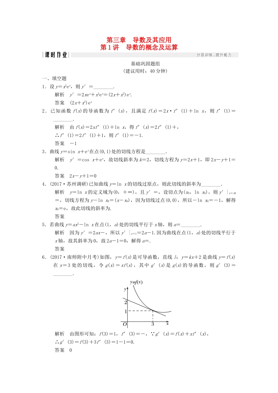 创新设计（江苏专用）高考数学一轮复习 第三章 导数及其应用 3.1 导数的概念及运算课时作业 理-人教版高三全册数学试题_第1页