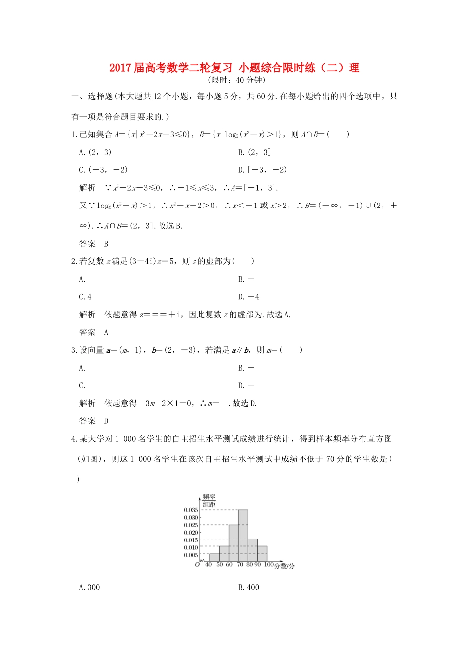 创新设计（全国通用）高考数学二轮复习 小题综合限时练（二）理-人教版高三全册数学试题_第1页