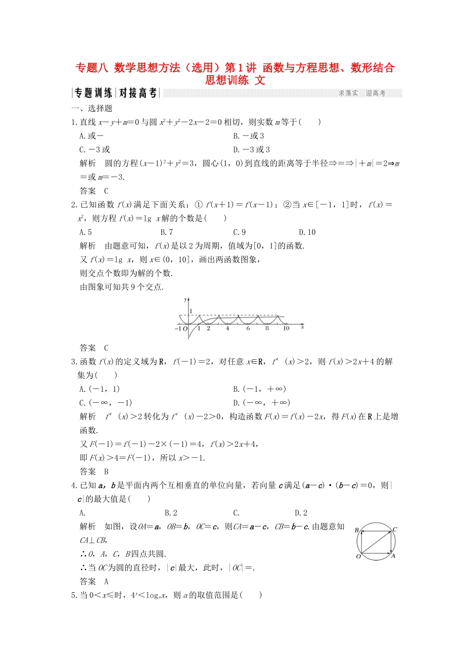 创新设计（全国通用）高考数学二轮复习 专题八 数学思想方法（选用）第1讲 函数与方程思想、数形结合思想训练 文-人教版高三全册数学试题_第1页