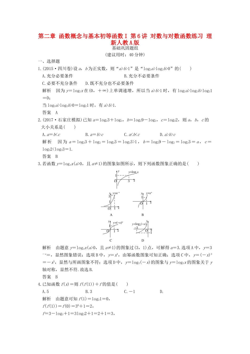 创新设计（全国通用）高考数学一轮复习 第二章 函数概念与基本初等函数I 第6讲 对数与对数函数练习 理 新人教A版-新人教A版高三全册数学试题_第1页